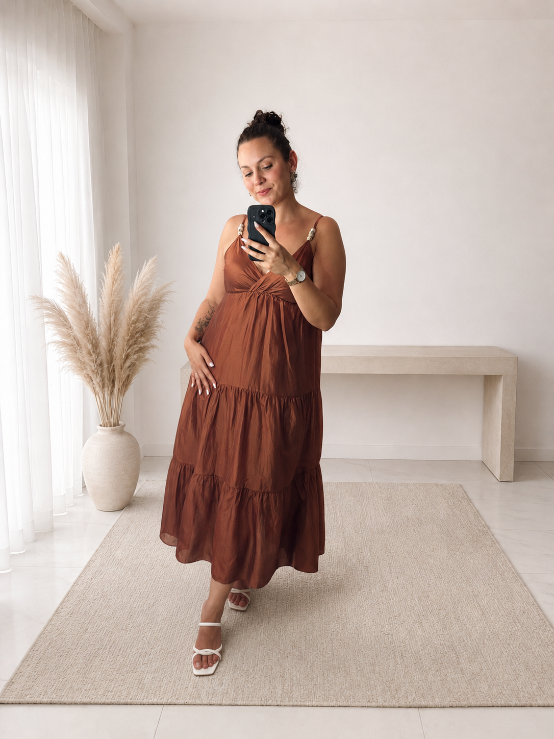 Robe longue Soléa rouille en lyocell avec décolleté en V et bretelles perlées
